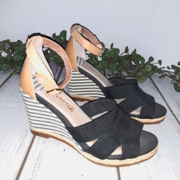 Sperry Top-Sider Striped Ankle Wedge - Black/White - Tan Leather - Picture 2 of 13